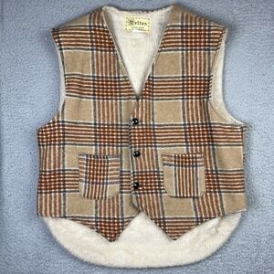 Vintage Melton Plaid Faux Fur Lined Wool Cozy Trucker Vest CLEAN RARE Size XL